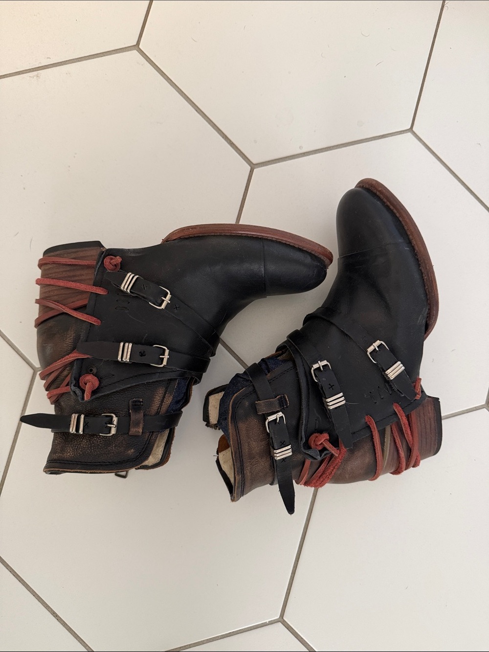 Freebird by Steven Black Distressed Leather Buckle Strap Ankle Boots - Picture 10 of 10